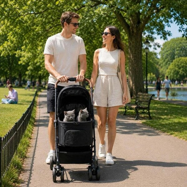 Dog Stroller, 3 in 1 Foldable Pet Stroller for Small Puppy Cat with Detachable Travel Carrier, Storage Basket, Black - Black