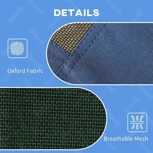 Blue pet cot canopy fabric and breathable mesh panel detail