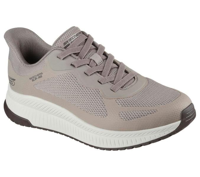 Skechers Bobs Squad 4 Chaos Mens Slip-Ins Casual Trainers, light gray athletic shoe with mesh and synthetic overlays, cushioned white midsole, and black rubber outsole.
