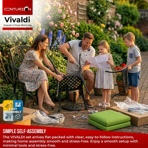 Centurion Supports VIVALDI Black 3-Piece Cast Aluminium Garden Bistro Set - with Green Cushions