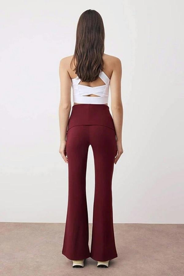 WOVCOR Brushed Soft Fabric Flare Yoga Knit Sports Leggings with Waist Fold Detail
