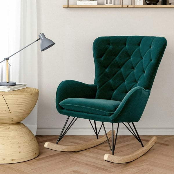 Living Room Rocking Chair Velvet Padded Seat Lounge Chair Armchairs Living and Home Green