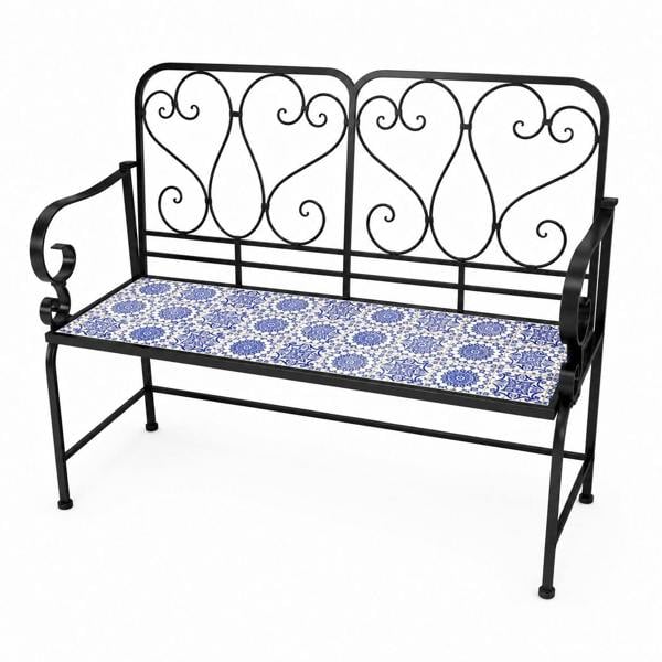 Porto Mosaic 2 Seater Garden Bench, 112cm Outdoor Patio Seat with Ceramic Tile Seat, Scrollwork Backrest & Metal Frame image 3