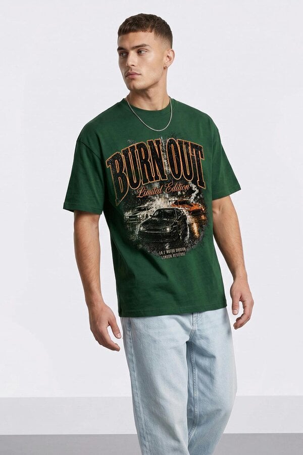 London Attitude Burn Out Limited Edition Oversized Heavyweight Graphic T-Shirt - Forest green