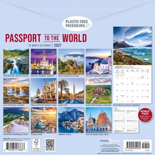 Passport to the World Calendar 2027, Wall Calendars, Month To View, Travel, Gift