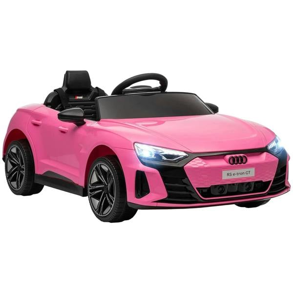 Pink kids electric ride-on Audi-style car with front LED headlights and black wheels
