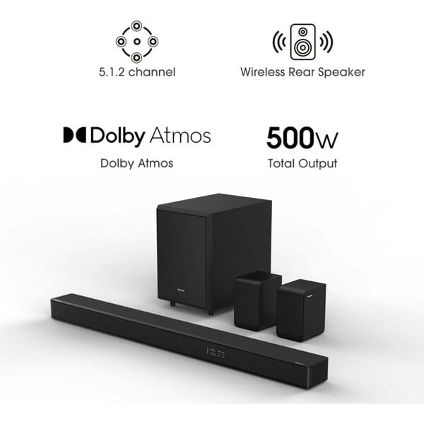 Dyzi AX5125H 5.1.2 Channel 500W Dolby Atmos Soundbar Subwoofer Black