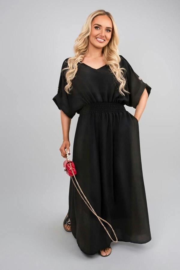 Zamara V Neck Short Sleeve Maxi Dress With Button Detail - Black