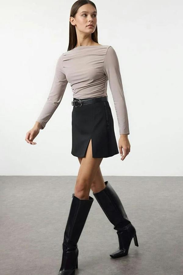 Hoxton Gal Boat Neck Draped Fitted Stretch Knit Blouse