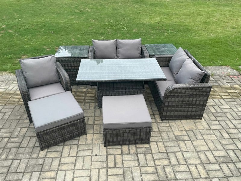 Fimous PE Rattan Outdoor Dining Set - Height Adjustable Lifting Table, Loveseat, Reclining Chair, 2 Side Tables & 2 Big Footstools