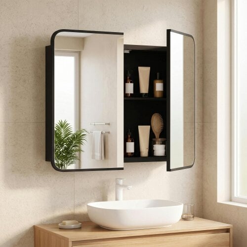 HOMCOM Bathroom Medicine Mirror Cabinet, Bathroom Wall Cabinet, Black