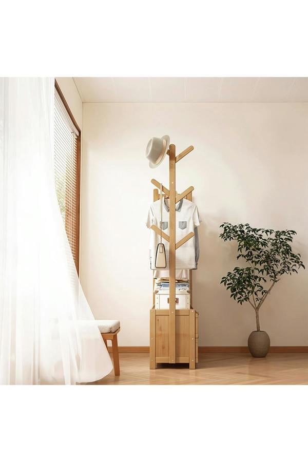 Living and Home Freestanding Bamboo Clothes Rack Garment Rack with Storage Shelves Coat Hanger Hanging Rod