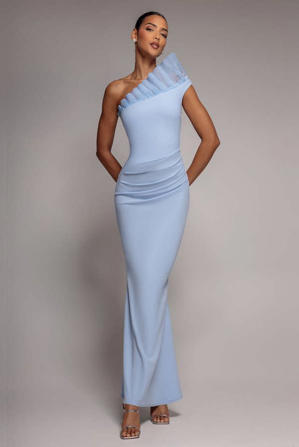 One Shoulder Organza Frill Pleated Mermaid Maxi Dress - Powder Blue DR4858