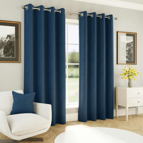 Enhanced Living Navy Herringbone Jacquard Blackout Eyelet Curtains - Bedroom & Living Room
