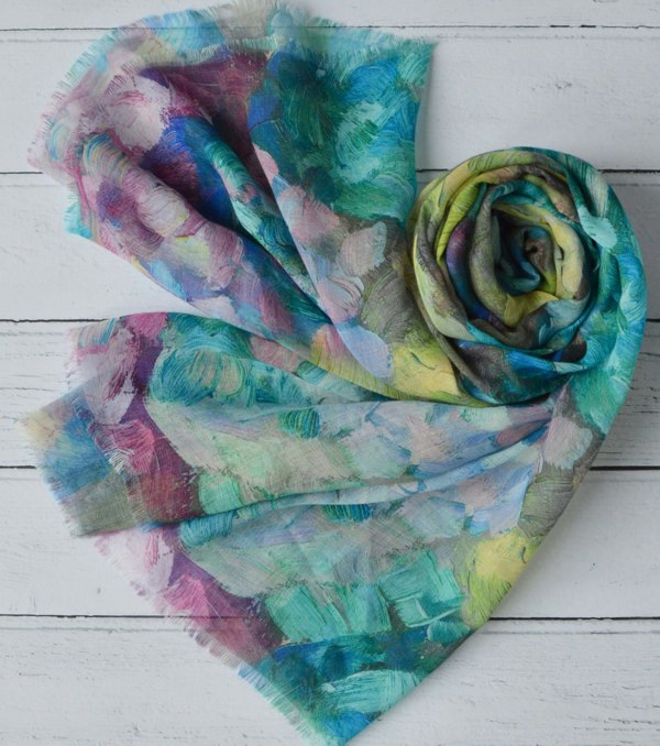 Antonia York Abstract Floral Scarf | Clara Brush Stroke Watercolour Blue Green Turquoise Wrap