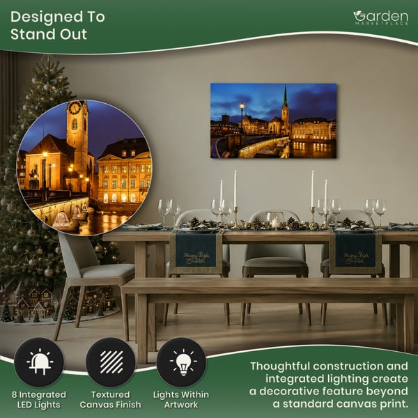 Fraumünster Church Print LED Canvas, Zurich Scene with 8 LED Lights, 60 x 40 cm, Stretched Wooden Frame