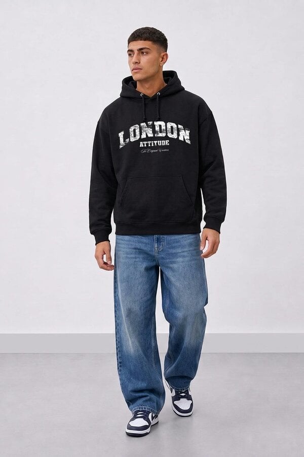 London Attitude Relaxed Fit Collegiate Graphic Hoodie in White