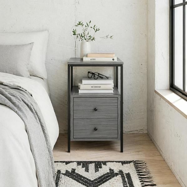 Wyld Haus Loto Wooden Grey Wood Effect Narrow Bedside Table With 2 Drawers And Top Shelf