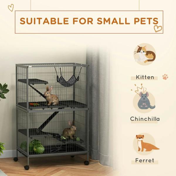 Grey wire small animal cage with hanging hammock, ramps, and open front panels.