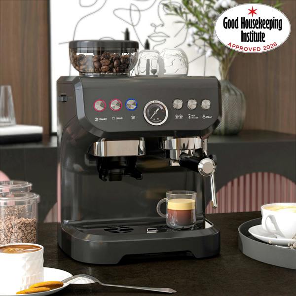 HOMCOM Espresso Machine, Bean Grinder & Steam Wand, 15 Bar Pressure - Black