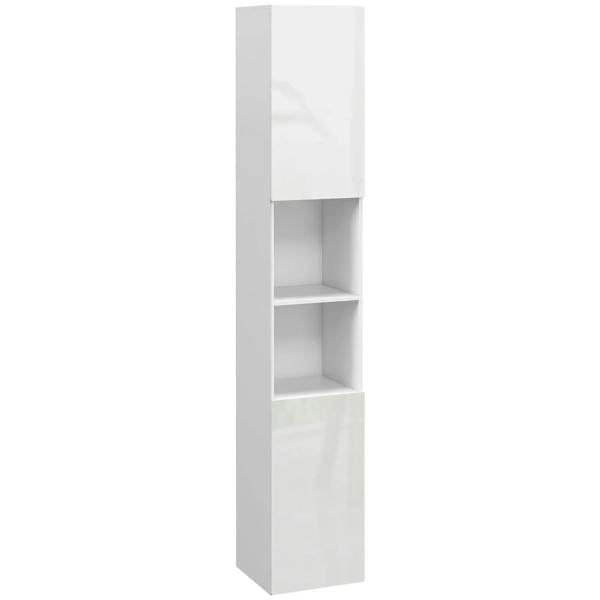 High-gloss white slim bathroom cabinet with open shelving and tall cabinet base