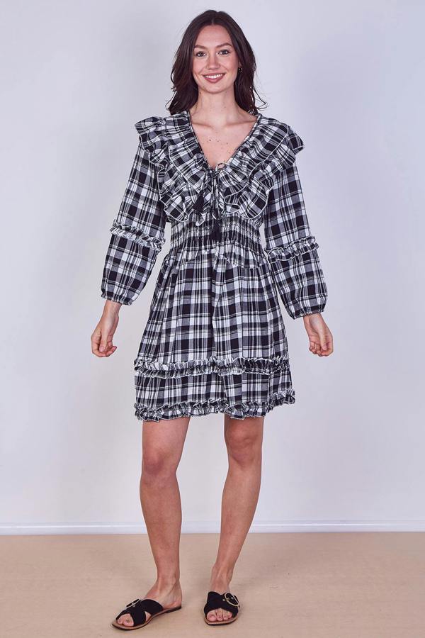 Frill Detail Check Smock Dress