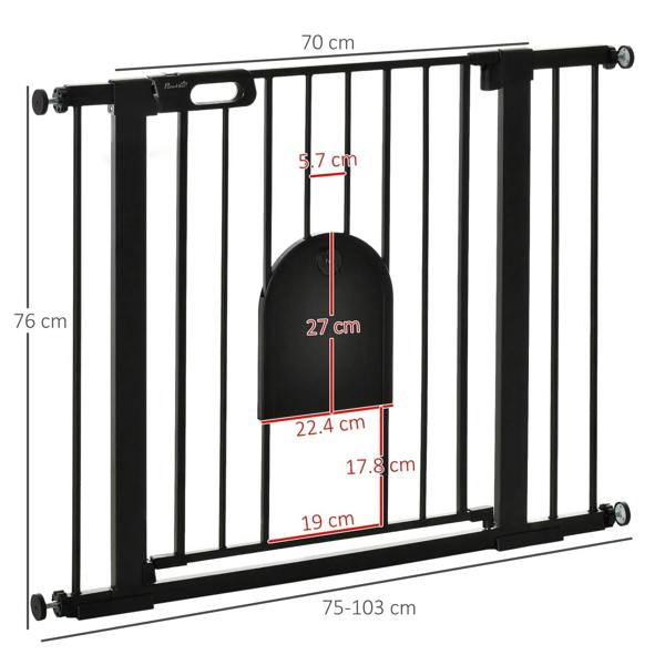 Black pet safety gate with cat flap door, front view with height and width guides