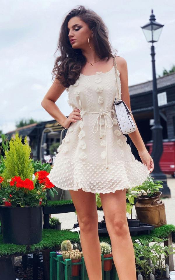 FS Collection Strappy Mini Dress With Flower Appliques In Cream