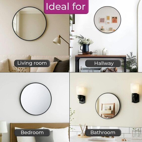 Neo 60cm Black Round Metal Frame Wall Mirror Float Glass HD Reflection Anti-Rust Moisture-Proof Wall Mounted Bathroom Bedroom Hallway Living Room