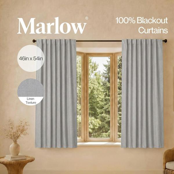 Marlow 100% Blackout Curtains Thermal Linen Look Pair Ready Made 46x54 in Grey
