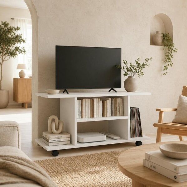 Wyld Haus Vireli Miri 80cm Wooden White Mobile TV Storage Unit With Shelves And Bookcase Layout