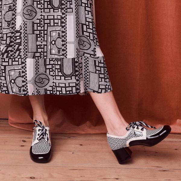 Embassy London Sovereign - Black & White Optical - Women's leather lace up shoe with block heel