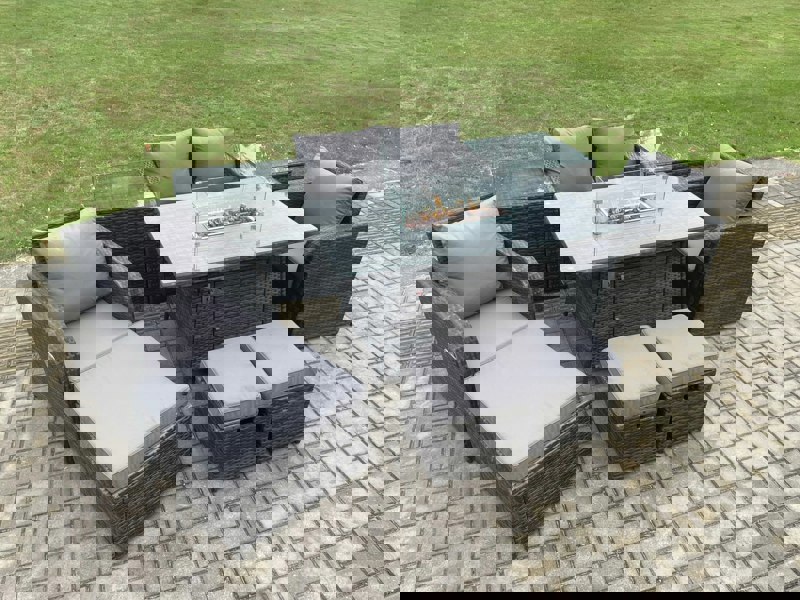 Fimous Rattan Garden Furniture Set Outdoor Patio Gas Fire Pit Dining Table and Chairs with Love seat Sofa 3 Footstools 2 Side Tables
