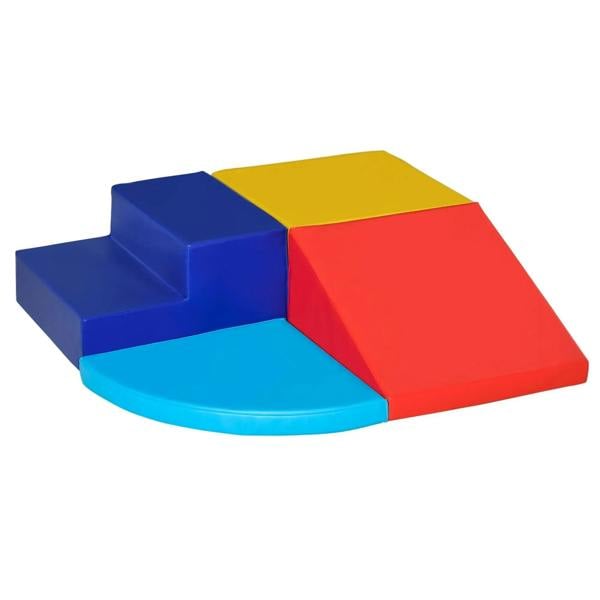 Multi-piece foam toddler stairs and ramp in blue, yellow, red, and green