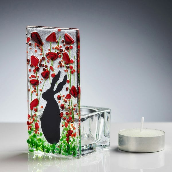Handmade Fused Glass - Tea Light Holder - Hare - Poppy