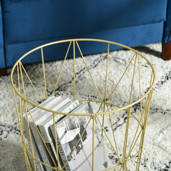 Round nesting side table with gold wire frame and white top, open storage with magazines