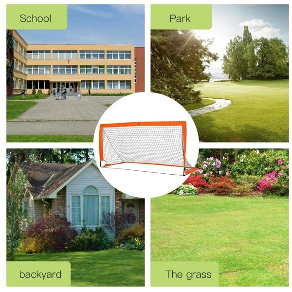 Portable orange football goal net with white mesh shown in outdoor scenes
