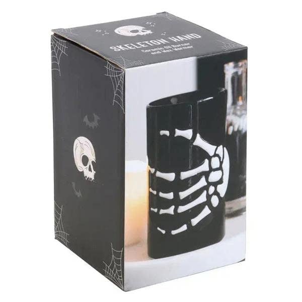 Skeleton hand oil burner gift box, black and white design with windowed product image