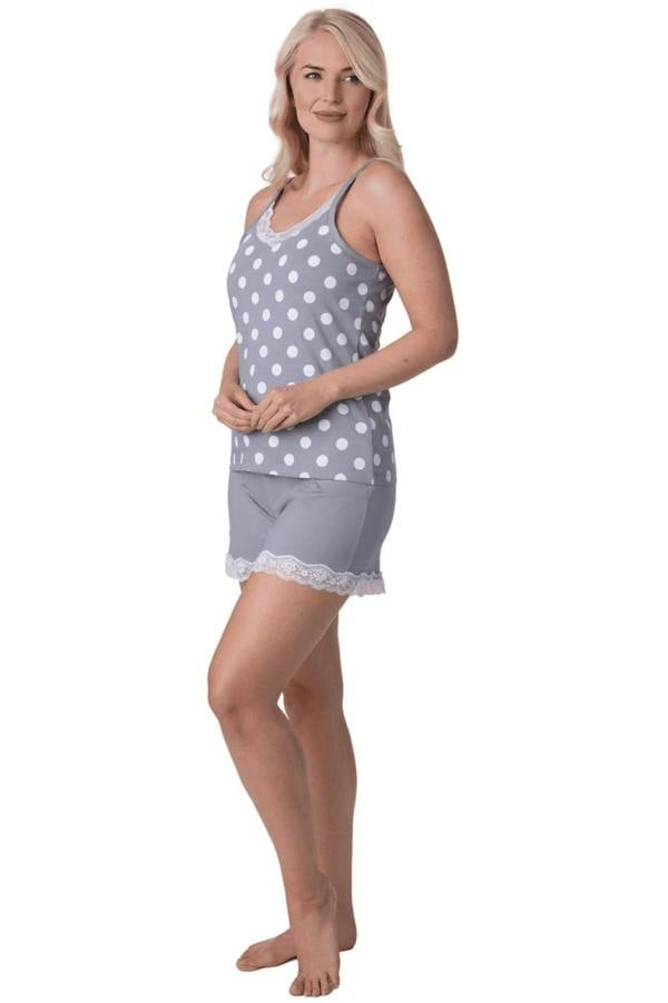 Women's Lightweight Spot Printed Cotton Sleeveless Top Pyjama Set with Elasticated Waist and Lace Detailing