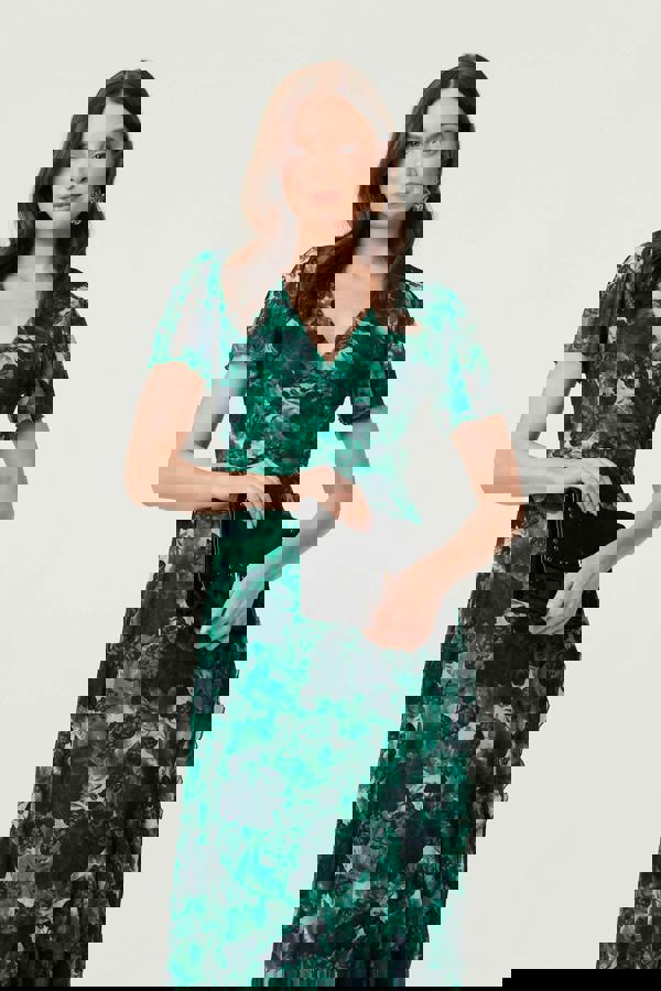 Green | Floral Semi Sheer Frilled Hem Maxi Dress