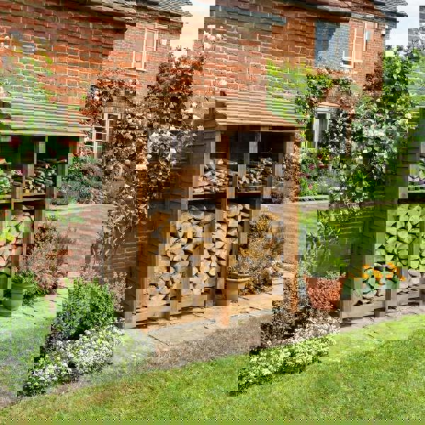 Arbor Garden Solutions Wooden Log Store with Shelf W-146cm, H-126cm or 180cm, D-88cm - Brown Finish