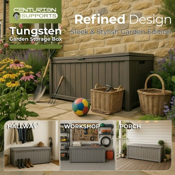 Centurion Supports TUNGSTEN 450 Litre 119 Gallon Waterproof Extra Large Lockable Easy-Open Garden Storage Box Outdoor Organiser in Grey