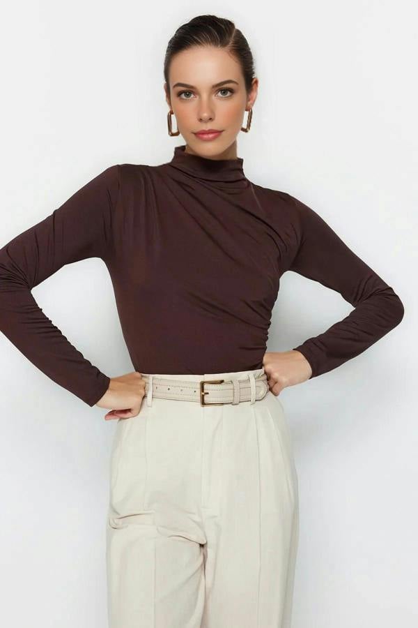 WOVCOR Stand Collar Knit Bodysuit with Gathered Detail