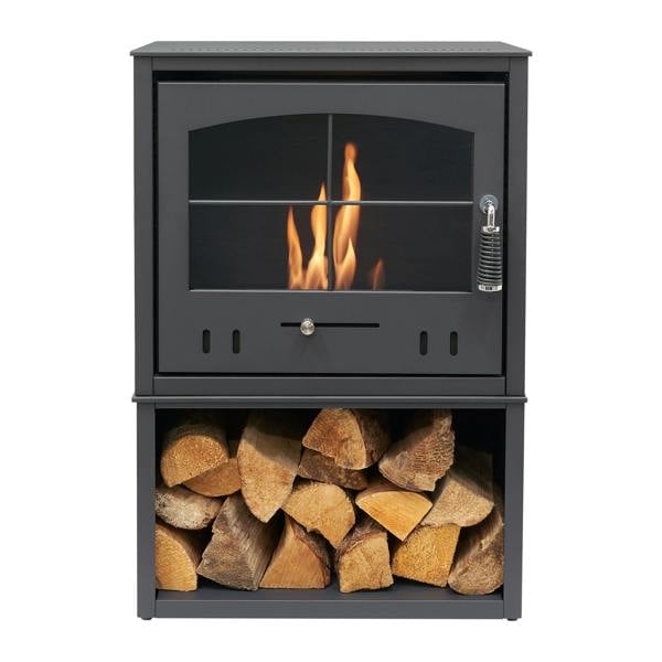 OKO S4 Bio Ethanol Stove with Log Storage in Charcoal Grey