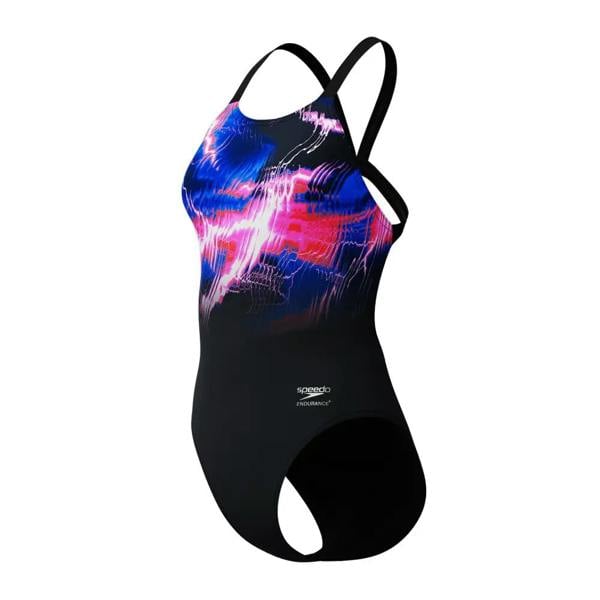 Black Speedo club training placement printed leaderback swimsuit with colorful abstract design and adjustable straps