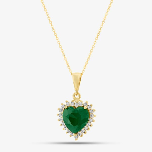 T. H. Baker 9ct Yellow Gold Green Cubic Zirconia Heart Halo Pendant Necklace NBD026YEM TRACEY9-18