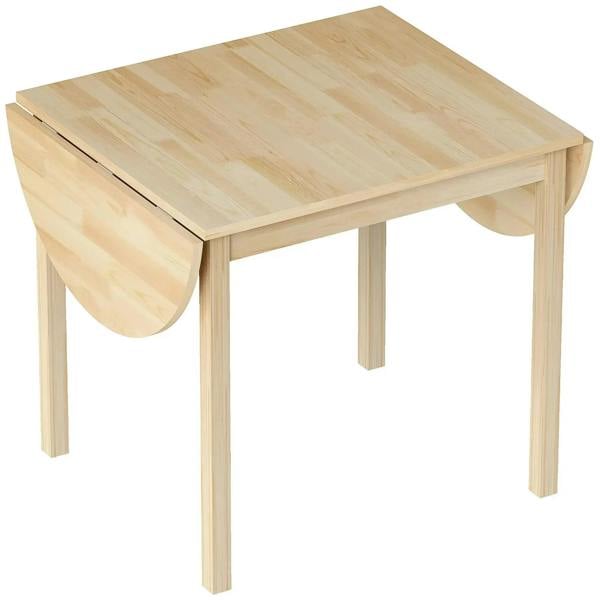 Natural wooden drop-leaf dining table with leaf extensions folded down and turned legs