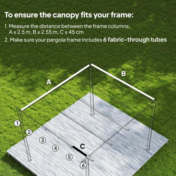 Dark grey pergola canopy fabric shown with mounting tubes in a frame diagram