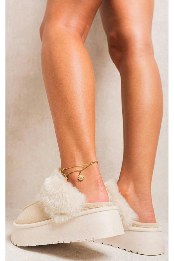 Kelly Faux Fur Trim Whisp Chunky Platform Slippers - Beige