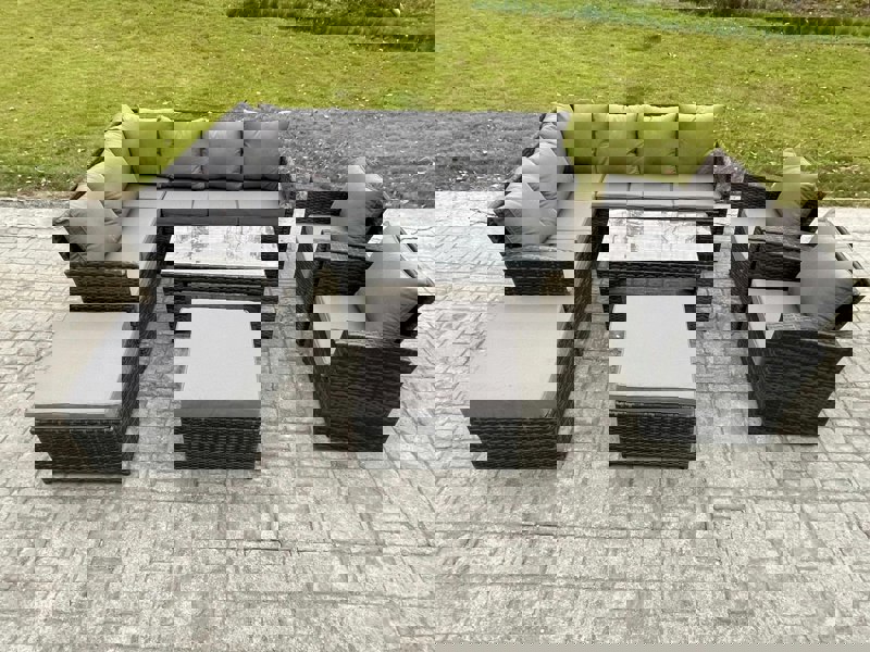 Fimous Rattan Garden Furniture Sets High Back Corner Sofa Oblong Coffee Table Set with 2 Big Footstool 2 Armchairs Dark Grey Mixed